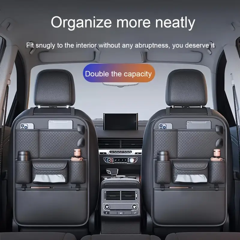 Organizador de asiento trasero de cuero PU premium con porta-pañuelos